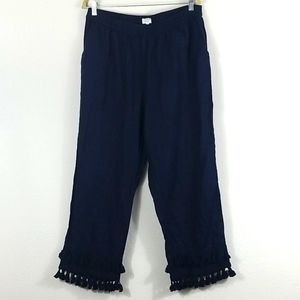 CROWN & IVY BLUE LINEN PANTS WITH ANKLE TASSLES
